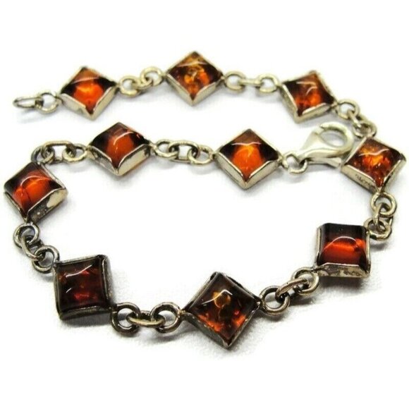 925 Sterling Silver Bracelet Square Dark Amber Square Stones HM - Picture 1 of 6